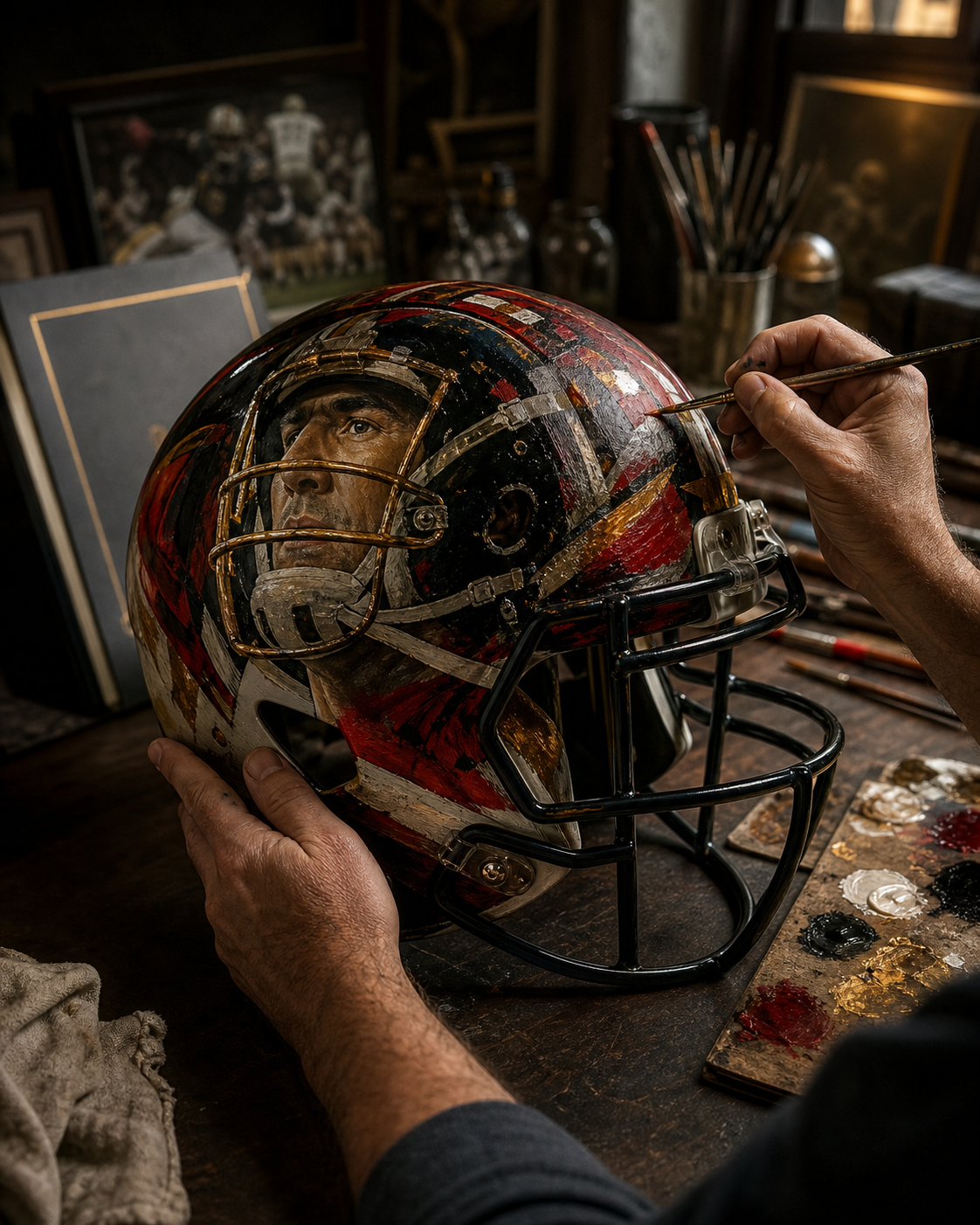 An artist hand-painting an original one-of-one football helmet